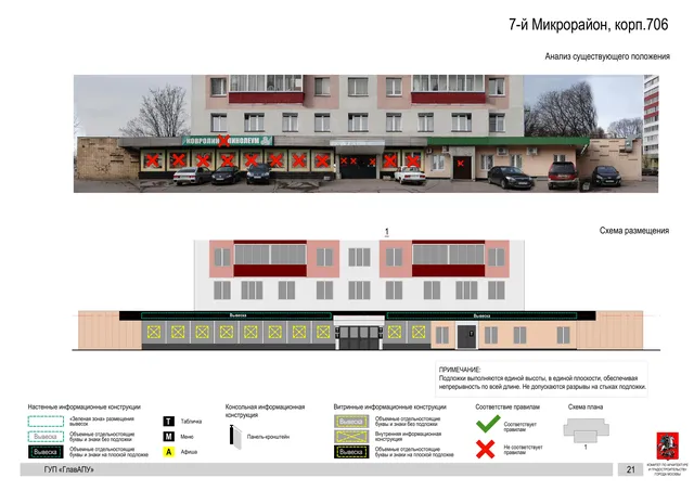 Архитектурная концепция размещения вывесок — 7-й микрорайон, корп. 706, Москва, страница PDF 21 · Документ по адресу · Архитектурно-художественная концепция · 2016 год