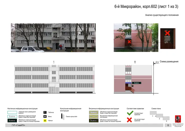 Архитектурная концепция размещения вывесок — 6-й микрорайон, корп. 602, Москва, лист 1 из 3 · Документ по адресу · Архитектурно-художественная концепция · 2016 год