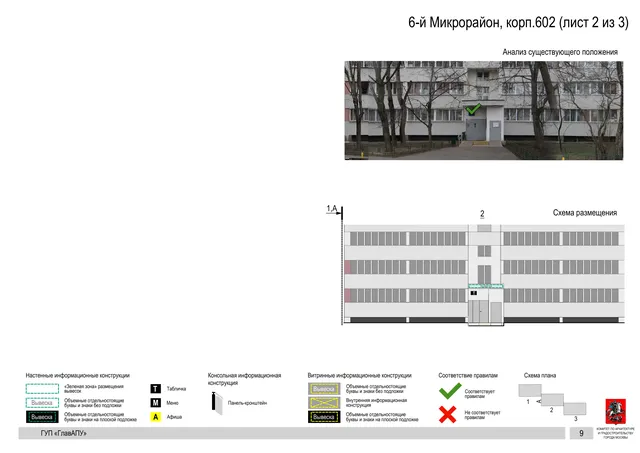 Архитектурная концепция размещения вывесок — 6-й микрорайон, корп. 602, Москва, лист 2 из 3 · Документ по адресу · Архитектурно-художественная концепция · 2016 год