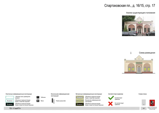 Архитектурная концепция размещения вывесок — Спартаковская площадь, 16/15, стр. 17, Москва, страница PDF 144 · Документ по адресу · Архитектурно-художественная концепция · 2019 год