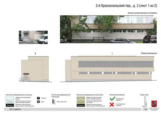 Архитектурная концепция размещения вывесок — 2-й красносельский переулок, 2, Москва, лист 1 из 2 · Документ по адресу · Архитектурно-художественная концепция · 2019 год