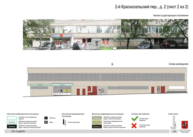 Архитектурная концепция размещения вывесок — 2-й красносельский переулок, 2, Москва, лист 2 из 2 · Документ по адресу · Архитектурно-художественная концепция · 2019 год