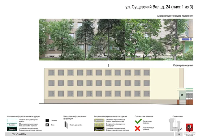 Архитектурная концепция размещения вывесок — Сущевский вал улица, 24, Москва, лист 1 из 3 · Документ по адресу · Архитектурно-художественная концепция · 2019 год