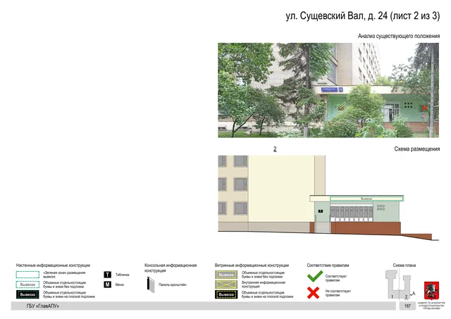 Архитектурная концепция размещения вывесок — Сущевский вал улица, 24, Москва, лист 2 из 3 · Документ по адресу · Архитектурно-художественная концепция · 2019 год