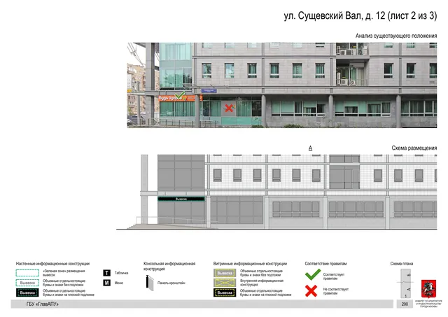 Архитектурная концепция размещения вывесок — Сущевский вал улица, 12, Москва, лист 2 из 3 · Документ по адресу · Архитектурно-художественная концепция · 2019 год