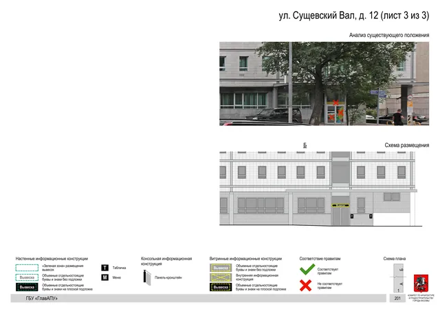 Архитектурная концепция размещения вывесок — Сущевский вал улица, 12, Москва, лист 3 из 3 · Документ по адресу · Архитектурно-художественная концепция · 2019 год