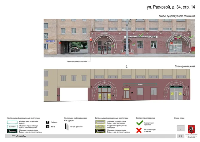 Архитектурная концепция размещения вывесок — Расковой улица, 34, стр. 14, Москва, страница PDF 219 · Документ по адресу · Архитектурно-художественная концепция · 2019 год