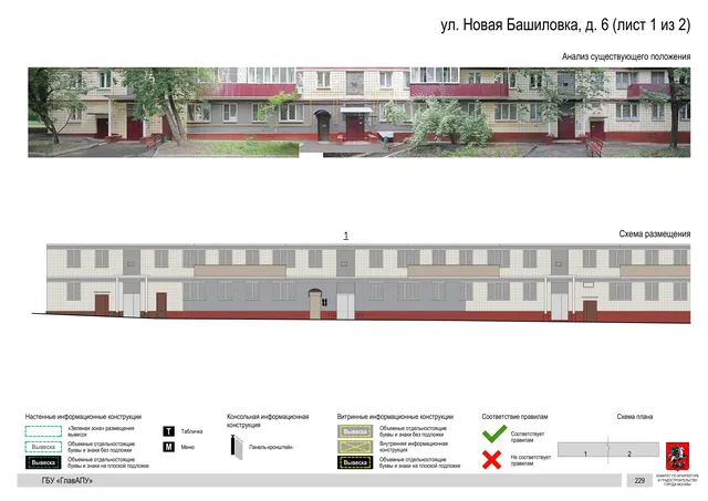 Архитектурная концепция размещения вывесок — Новая башиловка улица, 6, Москва, лист 1 из 2 · Документ по адресу · Архитектурно-художественная концепция · 2019 год