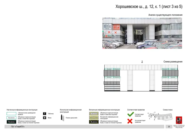Архитектурная концепция размещения вывесок — Хорошевское шоссе, 12, корп. 1, Москва, лист 3 из 5 · Документ по адресу · Архитектурно-художественная концепция · 2019 год