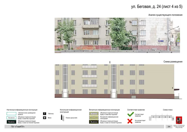 Архитектурная концепция размещения вывесок — Беговая улица, 24, Москва, лист 4 из 5 · Документ по адресу · Архитектурно-художественная концепция · 2019 год