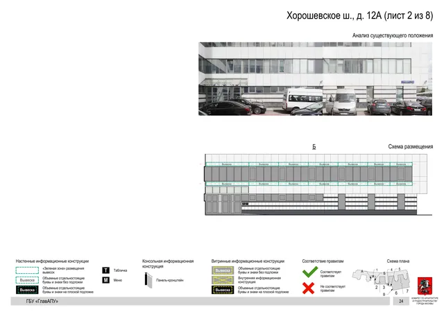 Архитектурная концепция размещения вывесок — Хорошевское шоссе, 12А, Москва, лист 2 из 8 · Документ по адресу · Архитектурно-художественная концепция · 2019 год