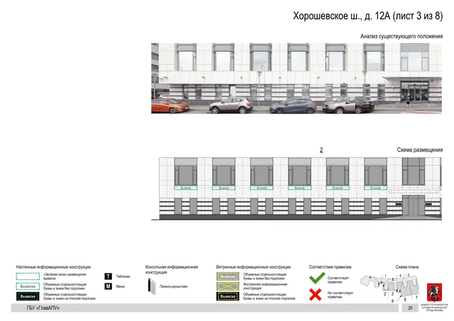Архитектурная концепция размещения вывесок — Хорошевское шоссе, 12А, Москва, лист 3 из 8 · Документ по адресу · Архитектурно-художественная концепция · 2019 год