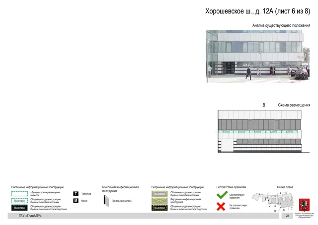 Архитектурная концепция размещения вывесок — Хорошевское шоссе, 12А, Москва, лист 6 из 8 · Документ по адресу · Архитектурно-художественная концепция · 2019 год