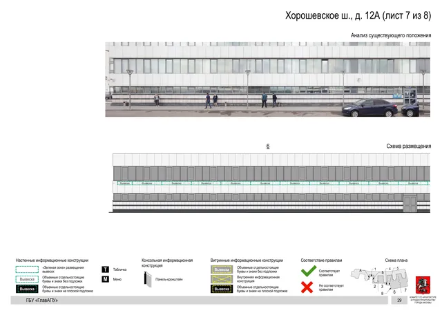 Архитектурная концепция размещения вывесок — Хорошевское шоссе, 12А, Москва, лист 7 из 8 · Документ по адресу · Архитектурно-художественная концепция · 2019 год