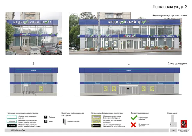 Архитектурная концепция размещения вывесок — Полтавская улица, 2, Москва, страница PDF 63 · Документ по адресу · Архитектурно-художественная концепция · 2019 год