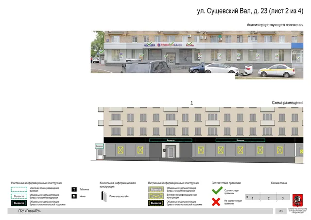 Архитектурная концепция размещения вывесок — Сущевский вал улица, 23, Москва, лист 2 из 4 · Документ по адресу · Архитектурно-художественная концепция · 2019 год