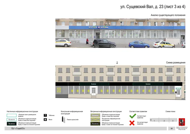 Архитектурная концепция размещения вывесок — Сущевский вал улица, 23, Москва, лист 3 из 4 · Документ по адресу · Архитектурно-художественная концепция · 2019 год