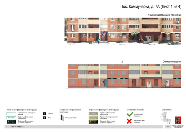 Архитектурная концепция размещения вывесок — Пос коммунарка, 7А, Москва, лист 1 из 4 · Документ по адресу · Архитектурно-художественная концепция · 2016 год