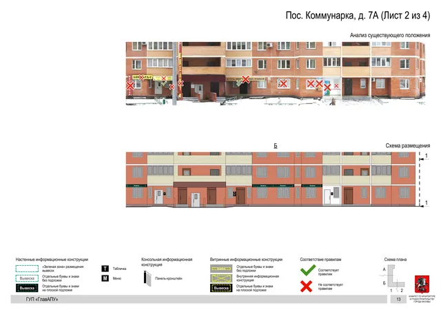 Архитектурная концепция размещения вывесок — Пос коммунарка, 7А, Москва, лист 2 из 4 · Документ по адресу · Архитектурно-художественная концепция · 2016 год
