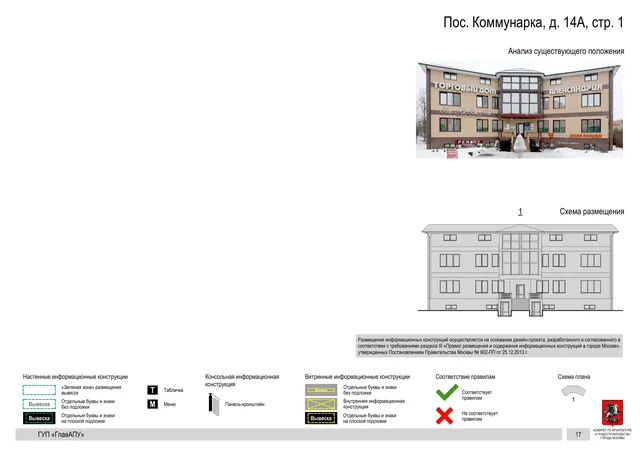 Архитектурная концепция размещения вывесок — Пос коммунарка, 14А, стр. 1, Москва, страница PDF 17 · Документ по адресу · Архитектурно-художественная концепция · 2016 год