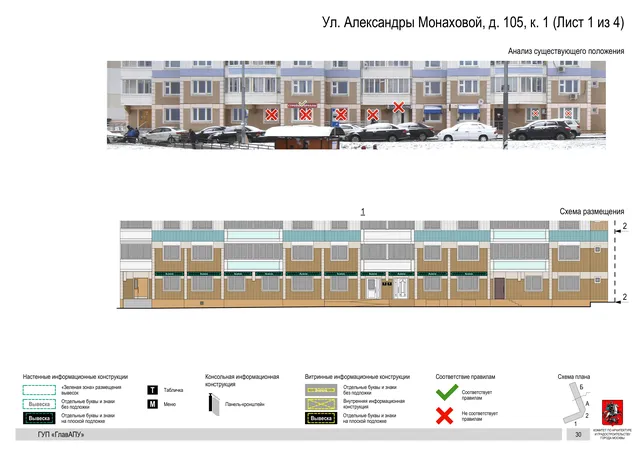 Архитектурная концепция размещения вывесок — Александры монаховой улица, 105, корп. 1, Москва, лист 1 из 4 · Документ по адресу · Архитектурно-художественная концепция · 2016 год