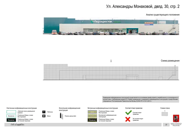 Архитектурная концепция размещения вывесок — Александры монаховой улица, двлд. 30, стр. 2, Москва, страница PDF 37 · Документ по адресу · Архитектурно-художественная концепция · 2016 год