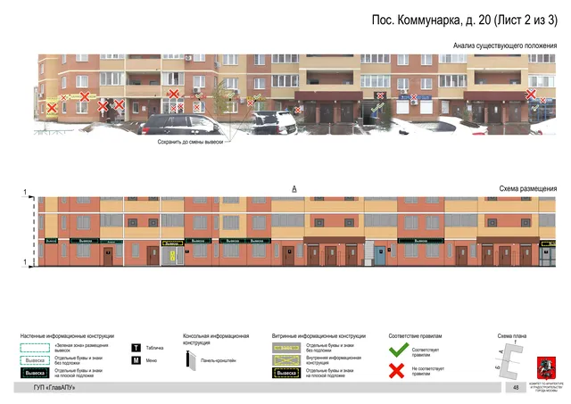 Архитектурная концепция размещения вывесок — Пос коммунарка, 20, Москва, лист 2 из 3 · Документ по адресу · Архитектурно-художественная концепция · 2016 год