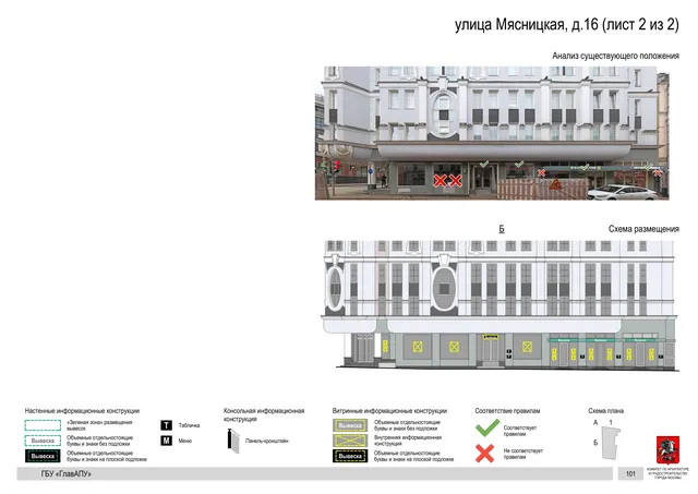 улица Мясницкая, д.16 (лист 2 из 2) · PDF 104 Архитектурная концепция размещения вывесок — Мясницкая улица, 16, Москва, лист 2 из 2 · Документ по адресу · Архитектурно-художественная концепция