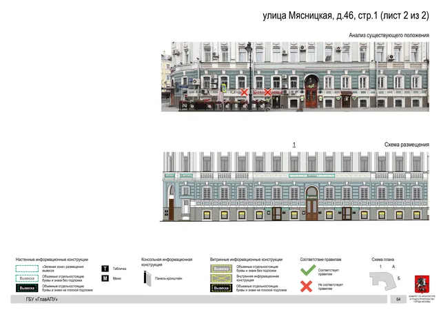 улица Мясницкая, д.46, стр.1 (лист 2 из 2) · PDF 67 Архитектурная концепция размещения вывесок — Мясницкая улица, 46, стр. 1, Москва, лист 2 из 2 · Документ по адресу · Архитектурно-художественная концепция