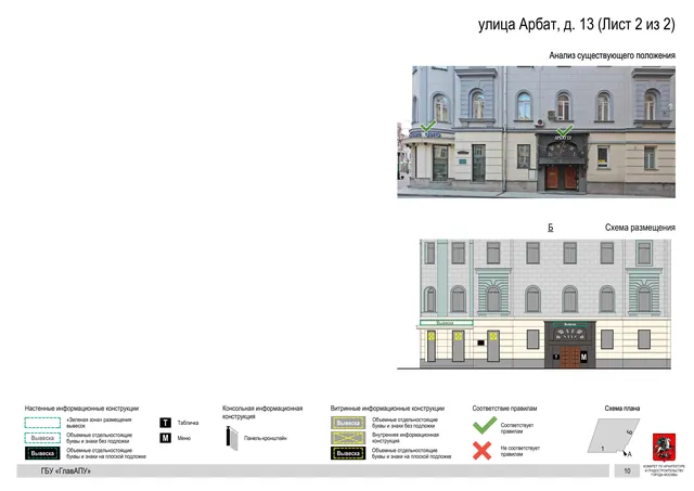 улица Арбат, д. 13 (Лист 2 из 2) · PDF 12 Архитектурная концепция размещения вывесок — Арбат улица, 13, Москва, лист 2 из 2 · Документ по адресу · АХК № 279 от 16.10.2025