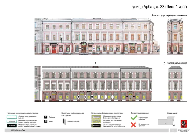 улица Арбат, д. 33 (Лист 1 из 2) · PDF 25 Архитектурная концепция размещения вывесок — Арбат улица, 33, Москва, лист 1 из 2 · Документ по адресу · АХК № 279 от 16.10.2025