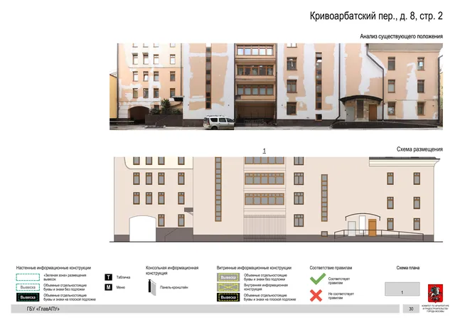Кривоарбатский пер., д. 8, стр. 2 · PDF 32 Архитектурная концепция размещения вывесок — Кривоарбатский переулок, 8, стр. 2, Москва, страница PDF 32 · Документ по адресу · АХК № 279 от 16.10.2025