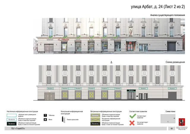 улица Арбат, д. 24 (Лист 2 из 2) · PDF 72 Архитектурная концепция размещения вывесок — Арбат улица, 24, Москва, лист 2 из 2 · Документ по адресу · АХК № 279 от 16.10.2025