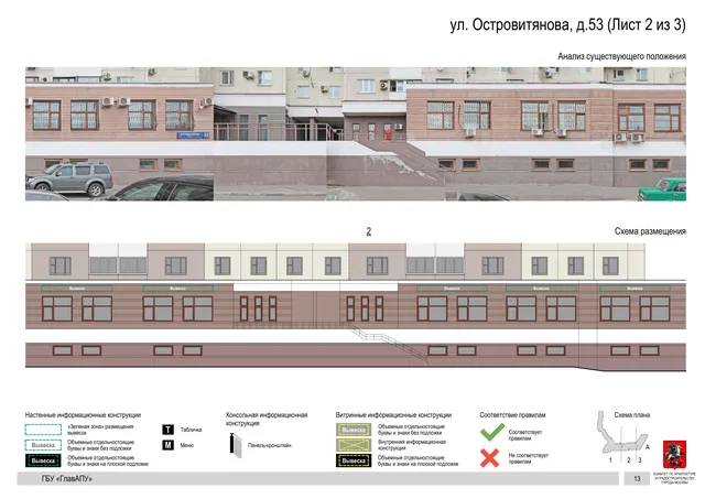 Архитектурная концепция размещения вывесок — Островитянова улица, 53, Москва, лист 2 из 3 · Документ с наиболее поздним указанным годом · Архитектурно-художественная концепция · 2020 год