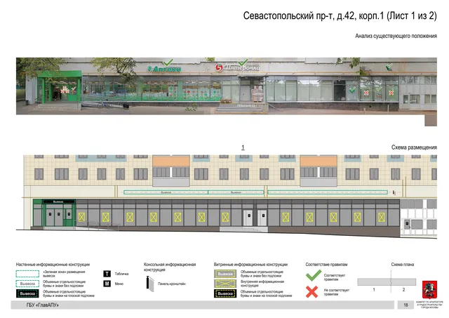 Архитектурная концепция размещения вывесок — Севастопольский проспект, 42, корп. 1, Москва, лист 1 из 2 · Документ по адресу · Архитектурно-художественная концепция · 2020 год