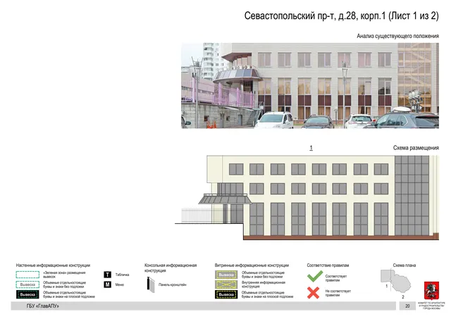 Архитектурная концепция размещения вывесок — Севастопольский проспект, 28, корп. 1, Москва, лист 1 из 2 · Документ по адресу · Архитектурно-художественная концепция · 2020 год