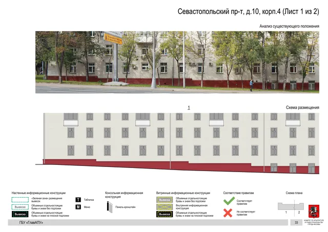 Архитектурная концепция размещения вывесок — Севастопольский проспект, 10, корп. 4, Москва, лист 1 из 2 · Документ по адресу · Архитектурно-художественная концепция · 2020 год