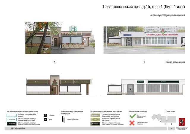 Архитектурная концепция размещения вывесок — Севастопольский проспект, 15, корп. 1, Москва, лист 1 из 2 · Документ по адресу · Архитектурно-художественная концепция · 2020 год