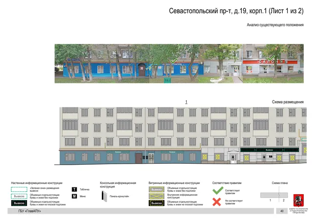 Архитектурная концепция размещения вывесок — Севастопольский проспект, 19, корп. 1, Москва, лист 1 из 2 · Документ по адресу · Архитектурно-художественная концепция · 2020 год
