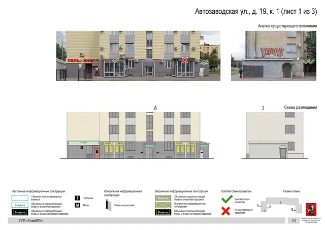 Архитектурная концепция размещения вывесок — Автозаводская улица, 19, корп. 1, Москва, лист 1 из 3 · Документ по адресу · Архитектурно-художественная концепция · 2019 год