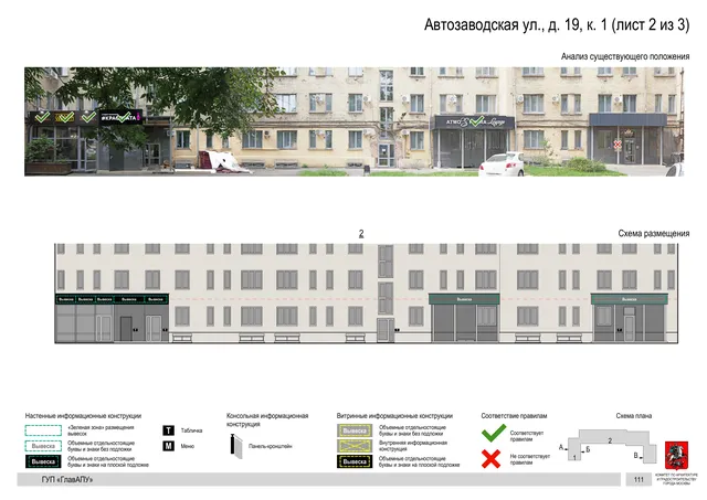 Архитектурная концепция размещения вывесок — Автозаводская улица, 19, корп. 1, Москва, лист 2 из 3 · Документ по адресу · Архитектурно-художественная концепция · 2019 год