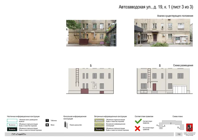 Архитектурная концепция размещения вывесок — Автозаводская улица, 19, корп. 1, Москва, лист 3 из 3 · Документ по адресу · Архитектурно-художественная концепция · 2019 год