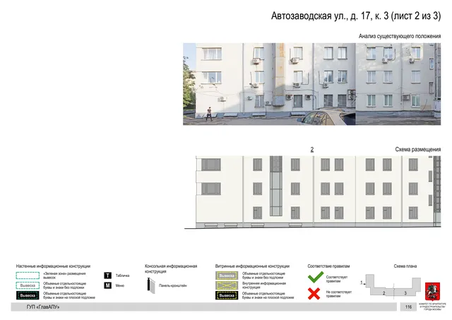 Архитектурная концепция размещения вывесок — Автозаводская улица, 17, корп. 3, Москва, лист 2 из 3 · Документ по адресу · Архитектурно-художественная концепция · 2019 год