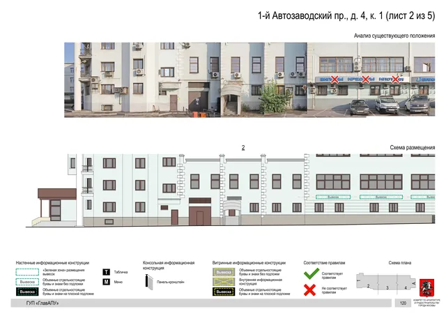 Архитектурная концепция размещения вывесок — 1-й автозаводский, 4, корп. 1, Москва, лист 2 из 5 · Документ по адресу · Архитектурно-художественная концепция · 2019 год