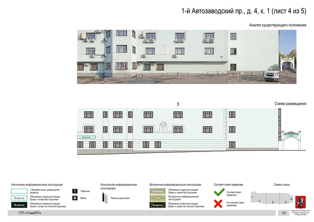 Архитектурная концепция размещения вывесок — 1-й автозаводский, 4, корп. 1, Москва, лист 4 из 5 · Документ по адресу · Архитектурно-художественная концепция · 2019 год