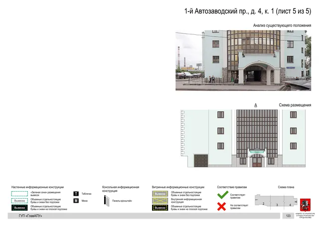 Архитектурная концепция размещения вывесок — 1-й автозаводский, 4, корп. 1, Москва, лист 5 из 5 · Документ по адресу · Архитектурно-художественная концепция · 2019 год