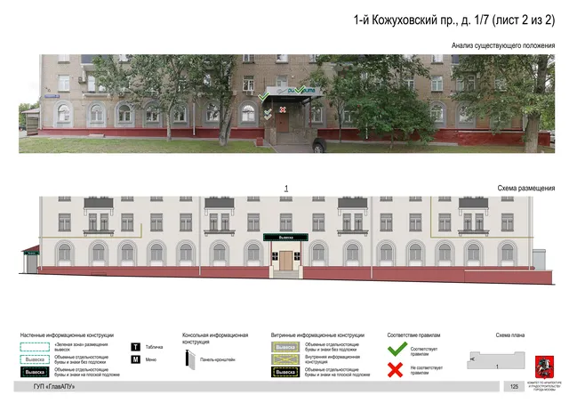 Архитектурная концепция размещения вывесок — 1-й кожуховский, 1/7, Москва, лист 2 из 2 · Документ по адресу · Архитектурно-художественная концепция · 2019 год