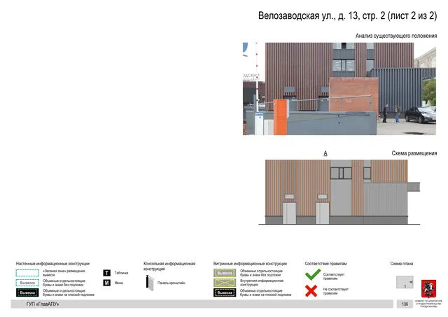 Архитектурная концепция размещения вывесок — Велозаводская улица, 13, стр. 2, Москва, лист 2 из 2 · Документ по адресу · Архитектурно-художественная концепция · 2019 год