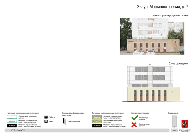 Архитектурная концепция размещения вывесок — 2-я машиностроения улица, 7, Москва, страница PDF 141 · Документ по адресу · Архитектурно-художественная концепция · 2019 год