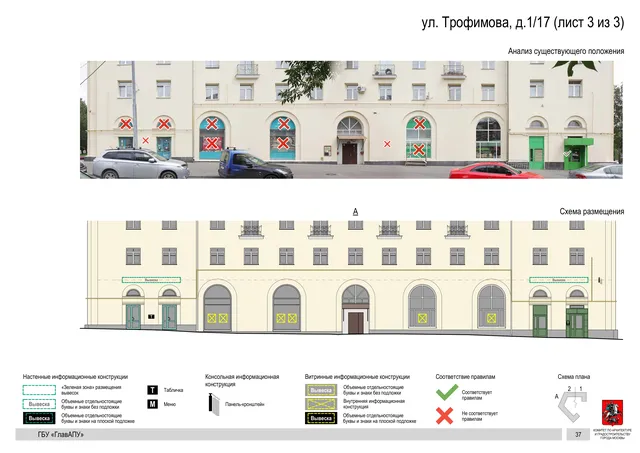 Архитектурная концепция размещения вывесок — Трофимова улица, 1/17, Москва, лист 3 из 3 · Документ по адресу · Архитектурно-художественная концепция · 2019 год